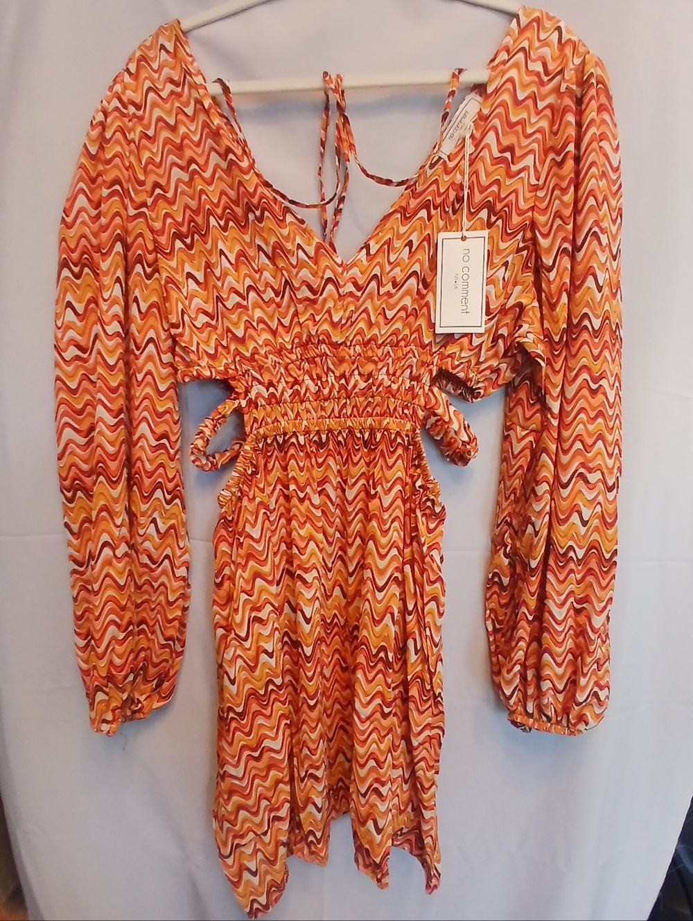 No Comment Orange Wave Groovy Print Long Sleeve Cut Out Waist Mini Dress XL New!